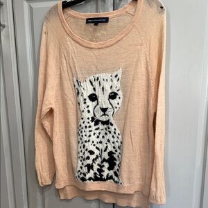 French Connection Peach Sweater with Fuzzy Cheetah Graphic Sz S Has a Few Holes